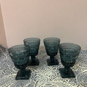 Tiara Kings Crown Thumbprint Riviera Blue Indiana Glass 5 oz Goblet Sherbet 4 Pc